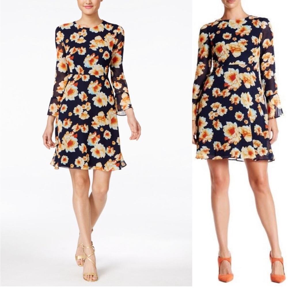 Betsey Johnson Navy Blue & White Floral Print Chiffon Fit & Flare Dress Size 6